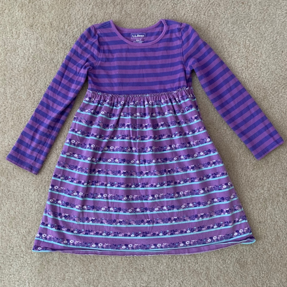 L.L. Bean Purple And Blue Cotton Mixed Pattern Long Sleeves Dress Size 6x-7